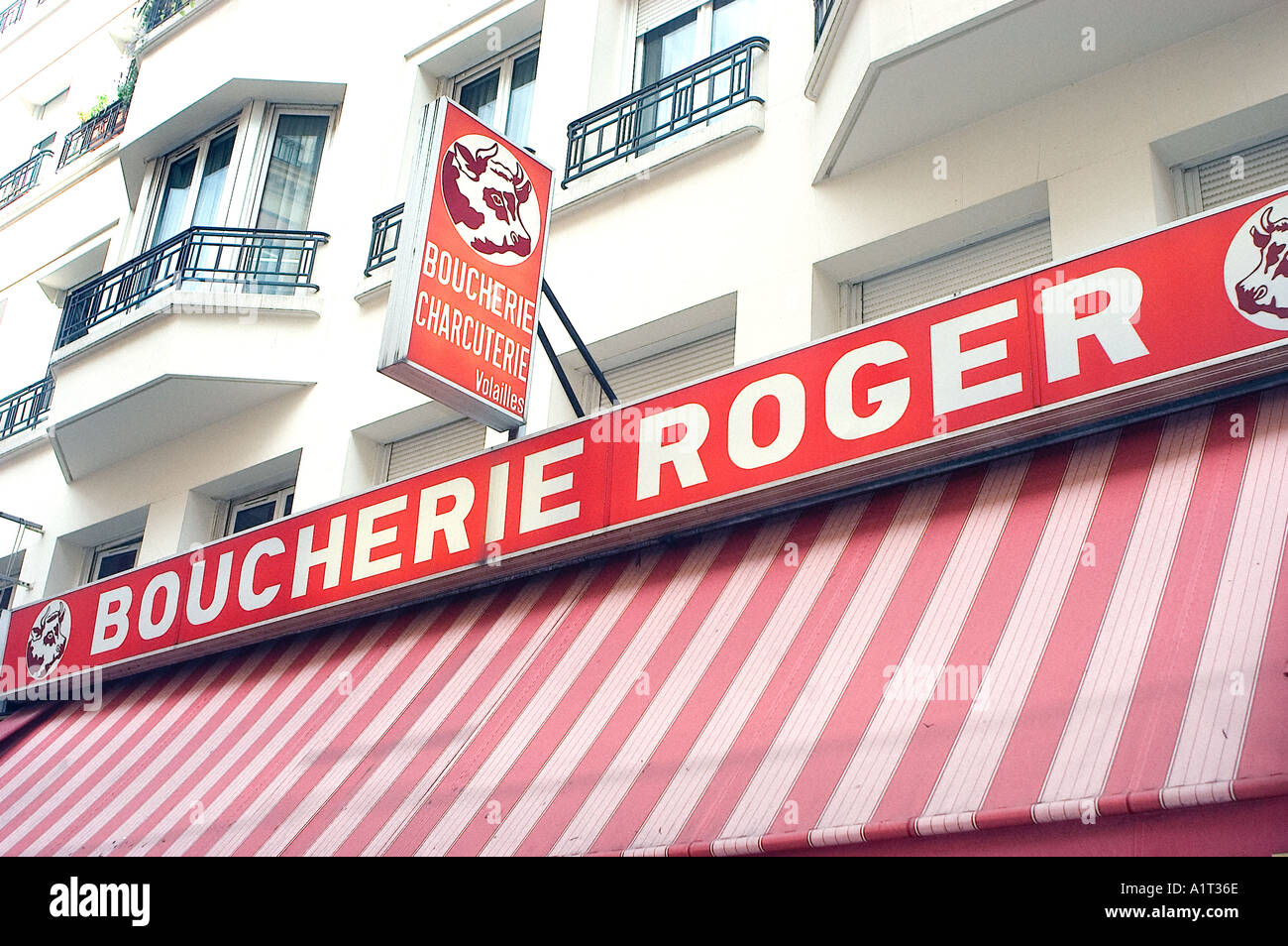 'Butcher Shop' Sign 'Paris France' Boucherie Roger 'Rue Montorgueil' Detail Stock Photo