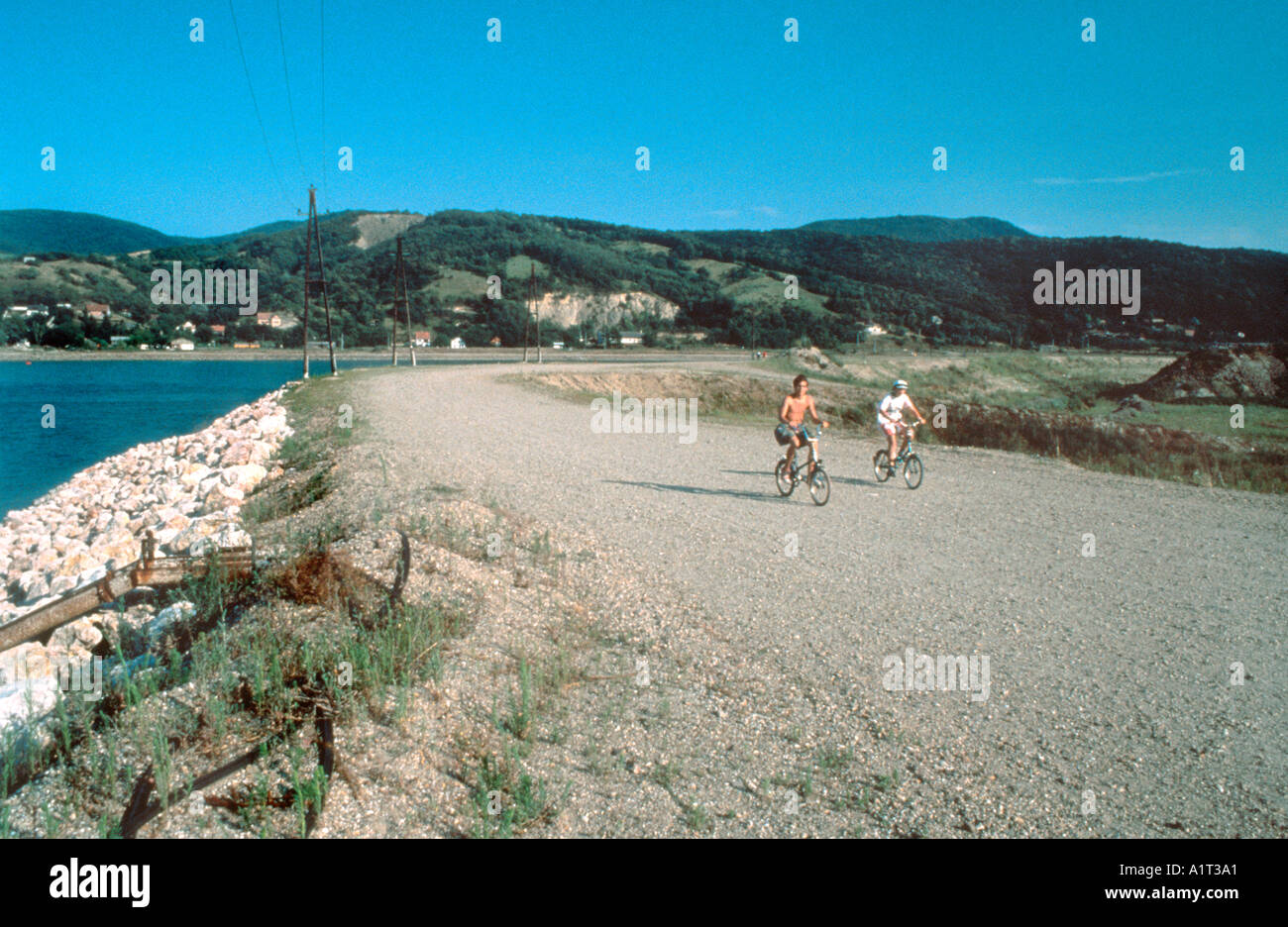 Landscape, Budapest Hungary, 'Nagymaros Dam' Water Project Environmental Problem Children Riding Bicycles Stock Photo