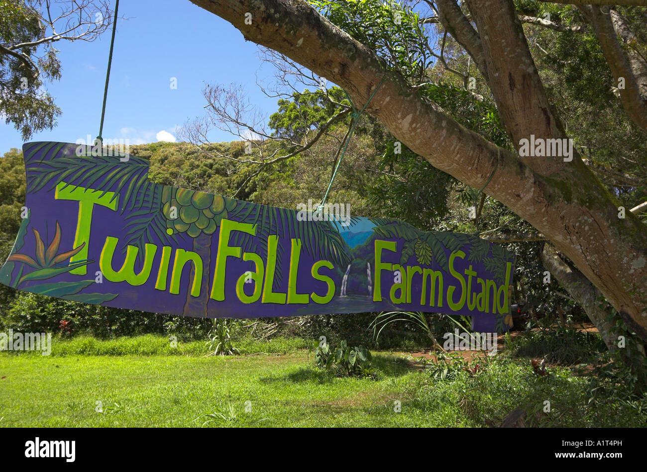 A sign for Twin Falls farm stand, located along Hana Highway, Maui