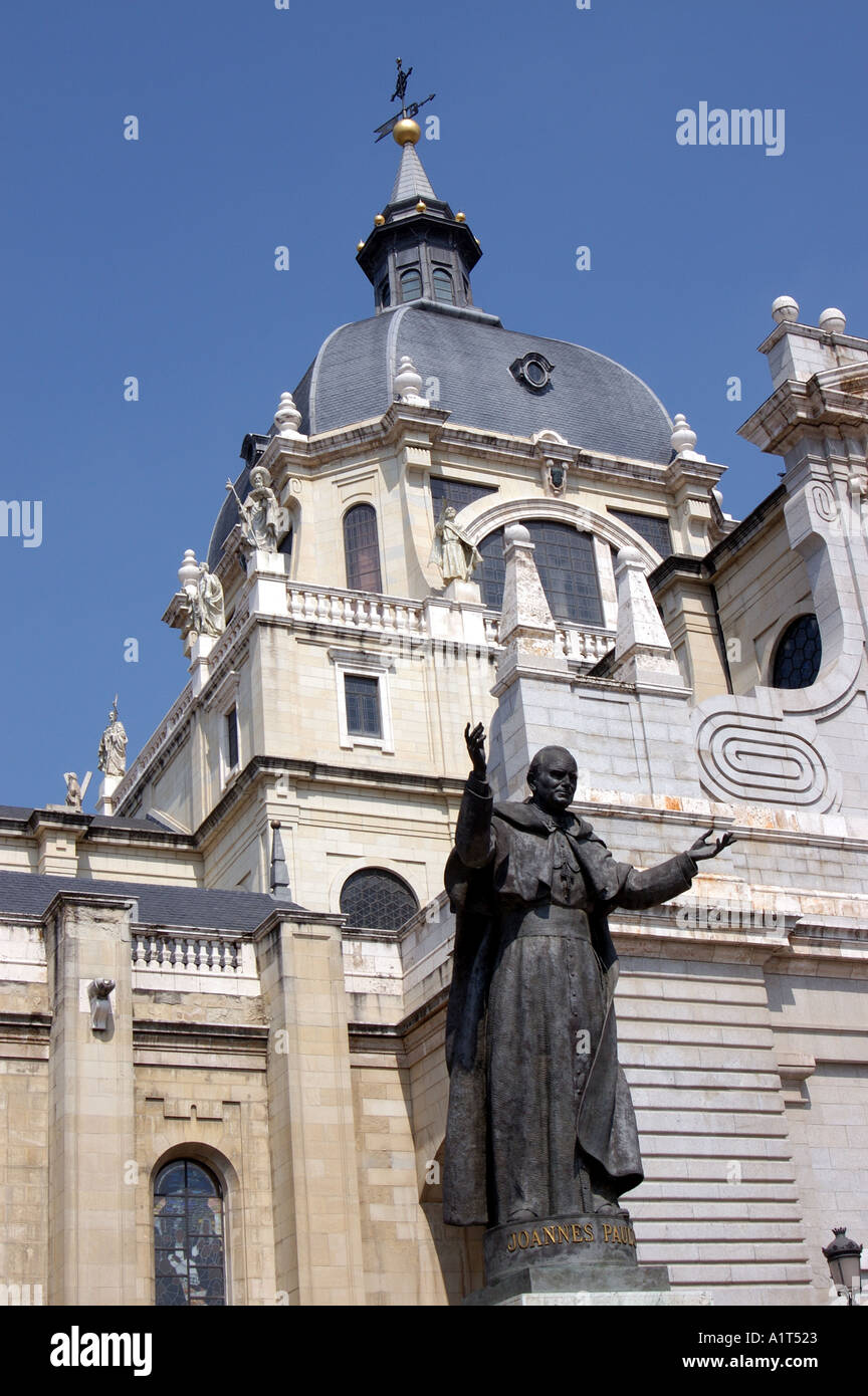 Statue of Pope John Paul II outside the Almudena Cathedral Madrid Spain EU Europe Stock Photo