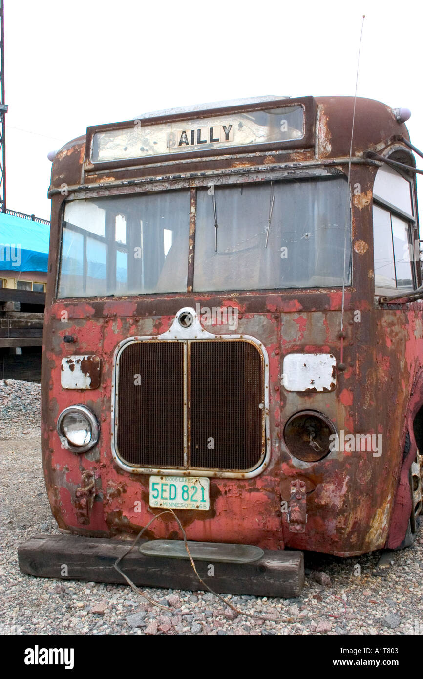 Dilapidated bus being exhibited at the Minnesota Transportation Museum s Jackson Street Roundhouse St Paul Minnesota USA Stock Photo