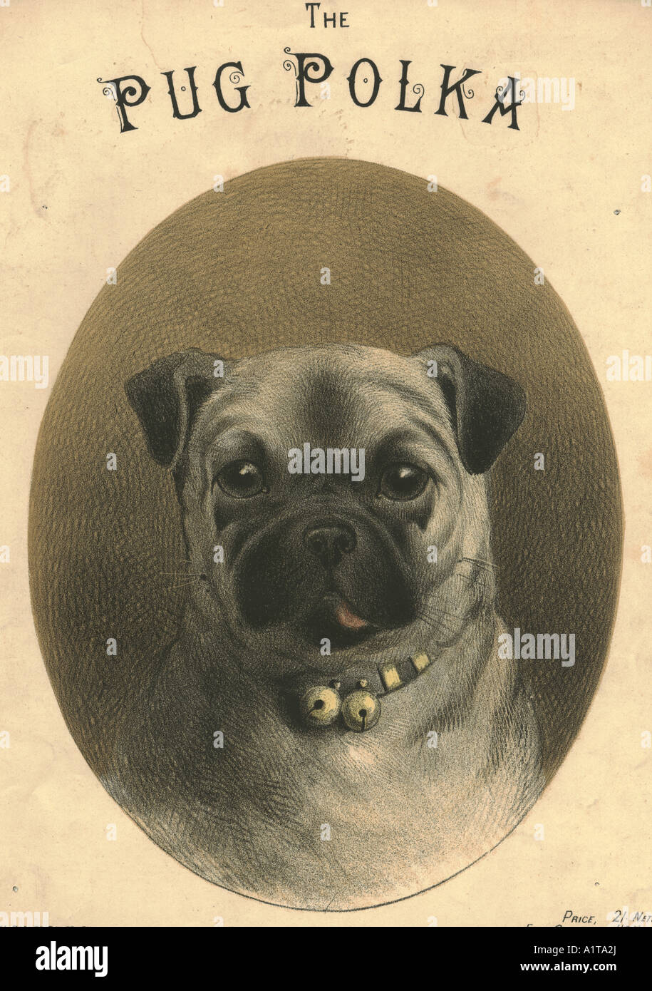 Chromolithographed sheet music cover titled The Pug Polka circa 1880 lithographed by Thomas Packer Stock Photo