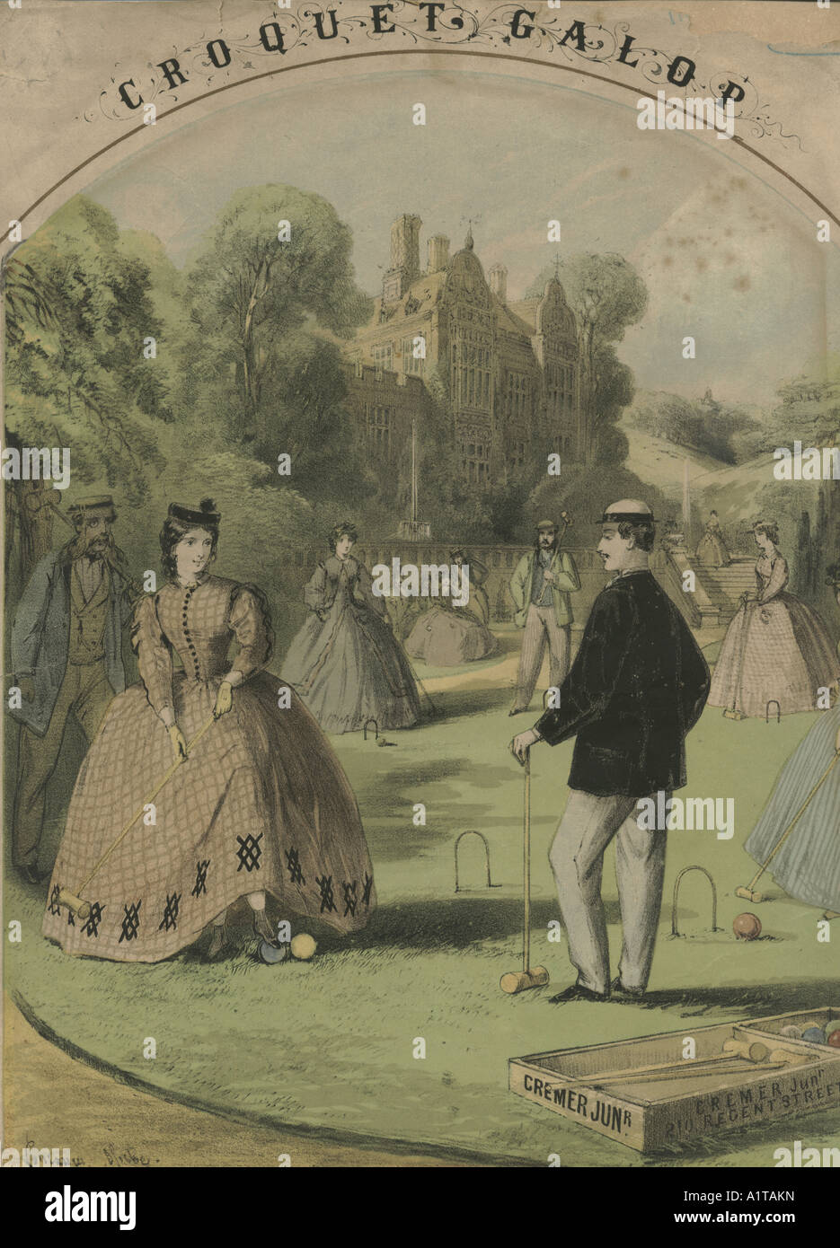 Chromolithographed sheet music cover The Croquet Galop by artist Alfred Concanen circa 1860 showing a match in progress advertising Cremer equipment Stock Photo