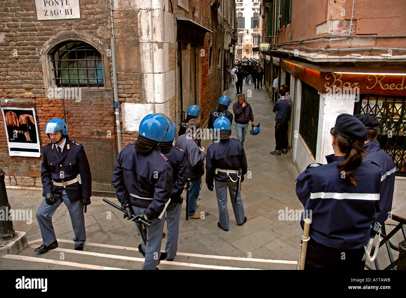 Venice Italy, Italian riot police, mobile troops, Going to student demonstration in  San Marco area Stock Photo