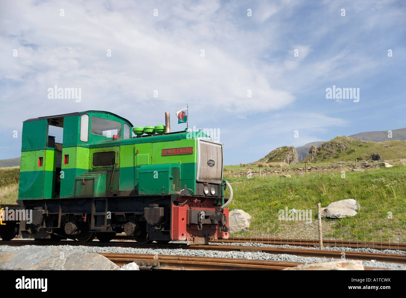Diesel train at Rhyd Ddu station on the Welsh Highland Railway