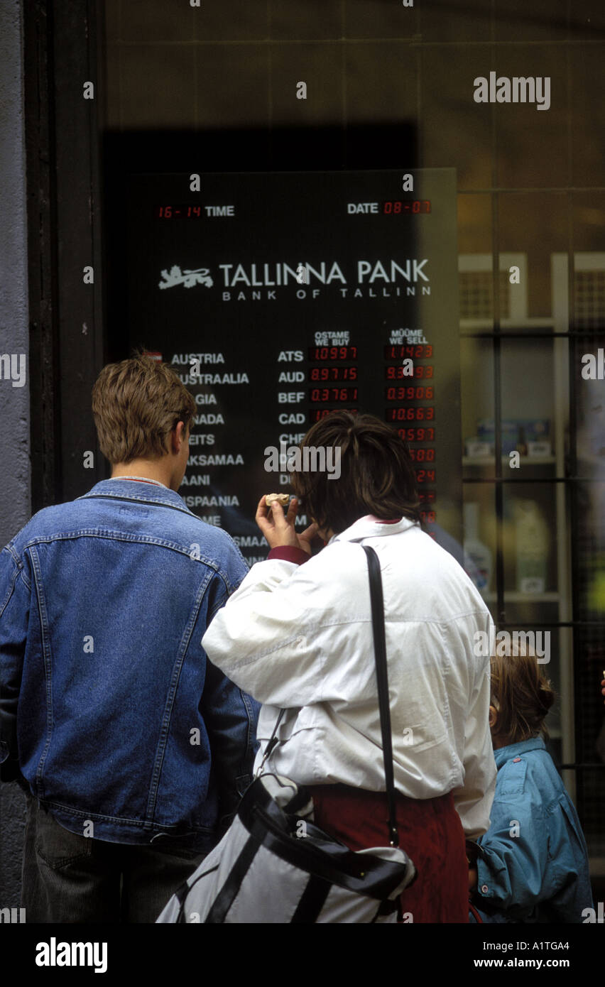 Exchange rates on display at Tallinna Pank Bank of Tallinn Estonia currency exchange Tallinn 1993 Stock Photo