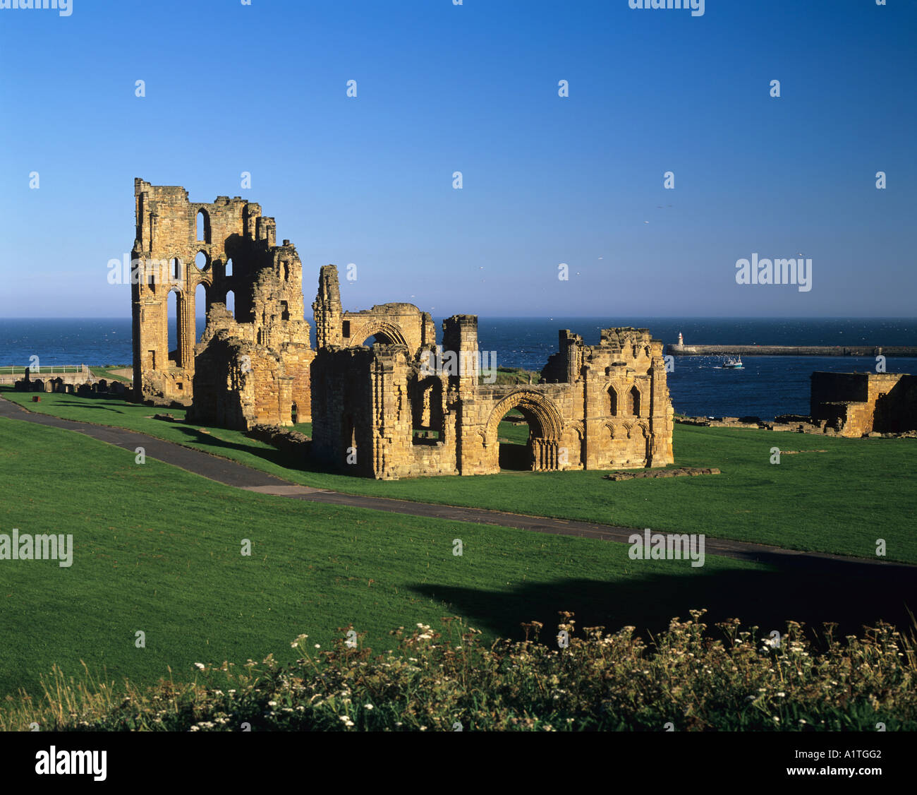 Tynemouth Priory sits on clifftops above the mouth of the River Tyne, England, UK Stock Photo
