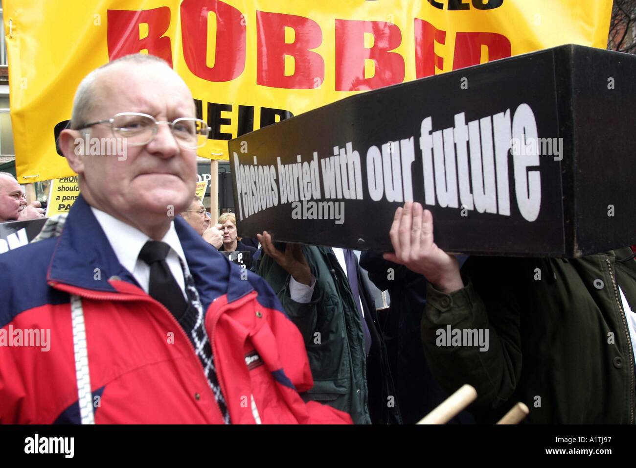 Members of the Pensions Action Group protest up and down Oxford Street in London Stock Photo