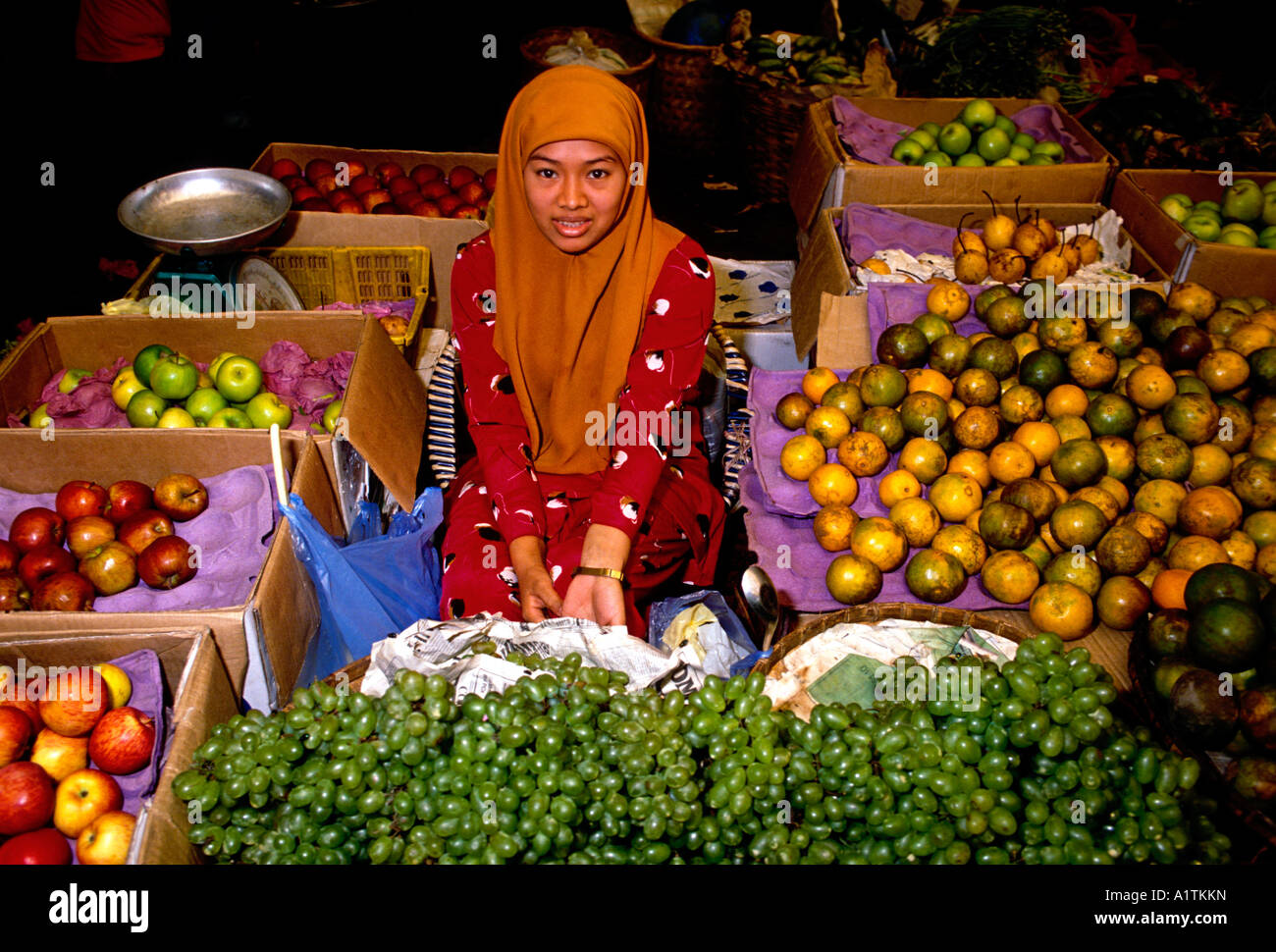 1, one, Malay woman, food vendor, seller, selling, fruits Stock Photo