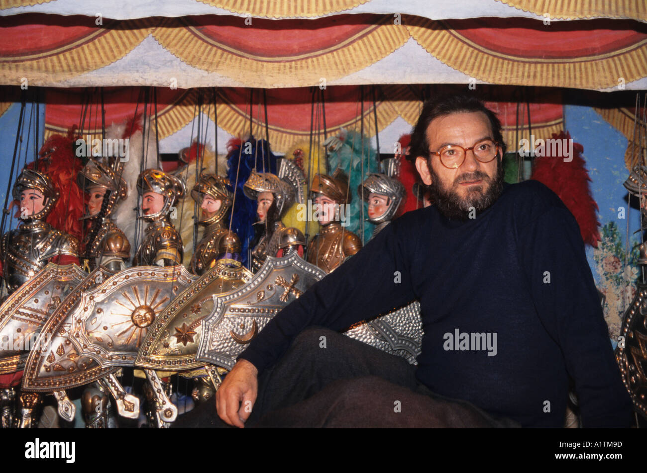 Traditional puppet theatre and puppeteer Cuticchio on stage in Palermo