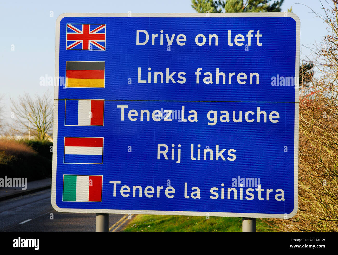 drive on left foreign visitor sign, norwich airport, norfolk, england Stock Photo