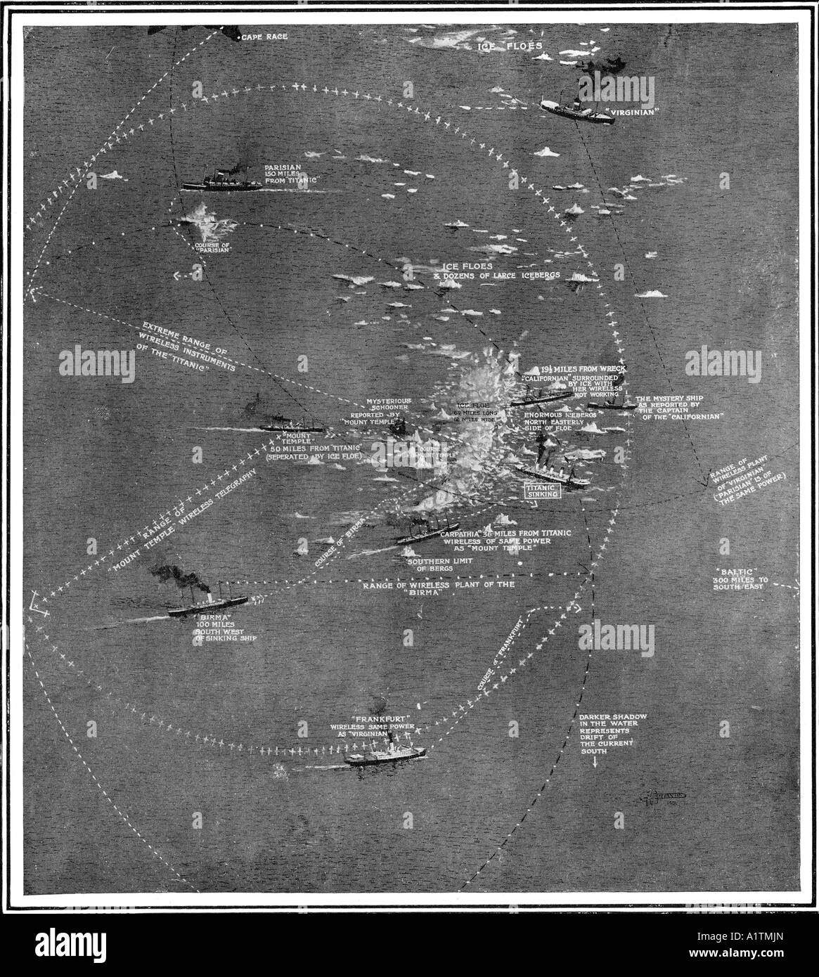 Chart of the RMS Titanic wreck site showing ships within call by wireless at the time of the collision Stock Photo