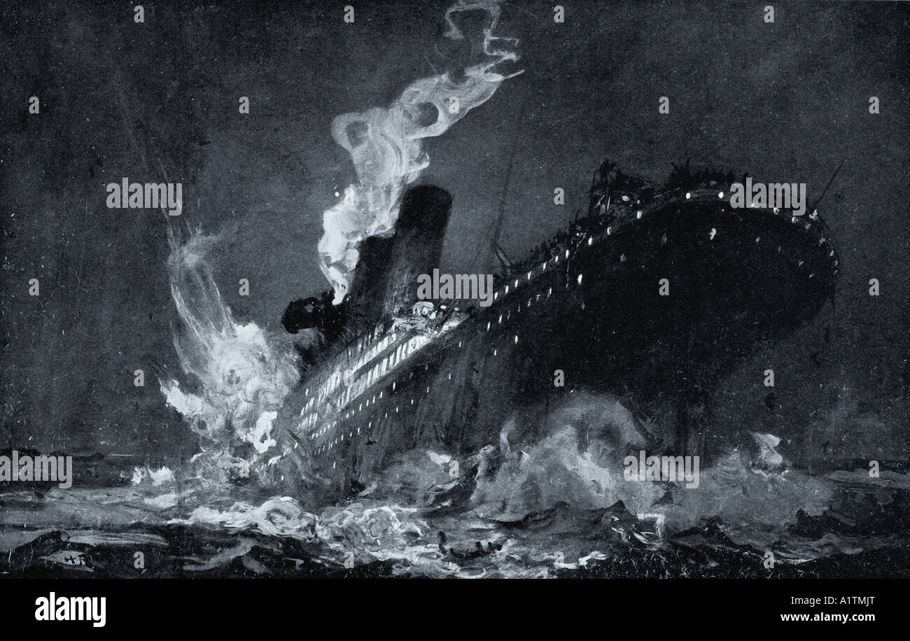 RMS Titanic of the White Star Line sinking around 2.20 AM, Monday morning April 15, 1912 after hitting an iceberg in the North Atlantic Stock Photo