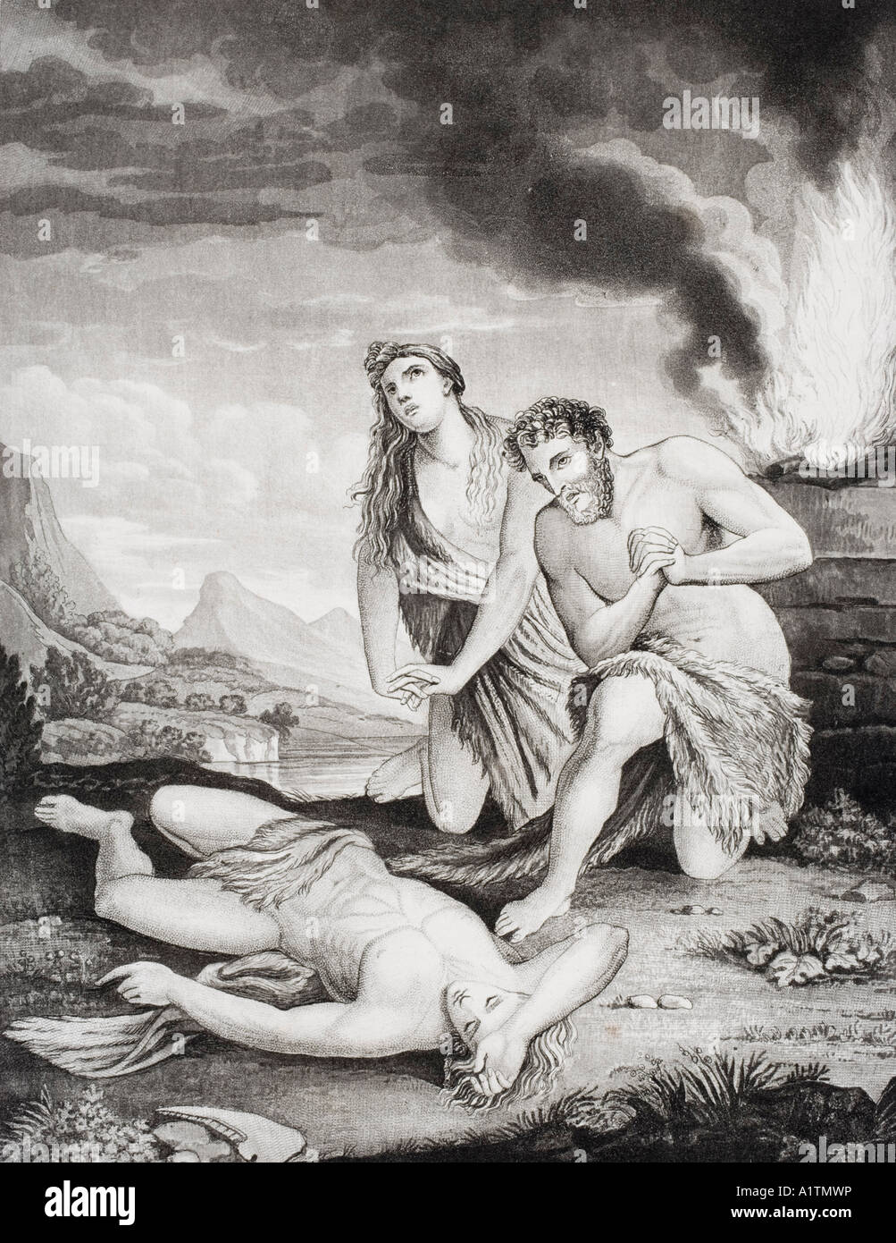 Abel murdered by his brother Cain. 19th century print after artist Vander Werf Stock Photo
