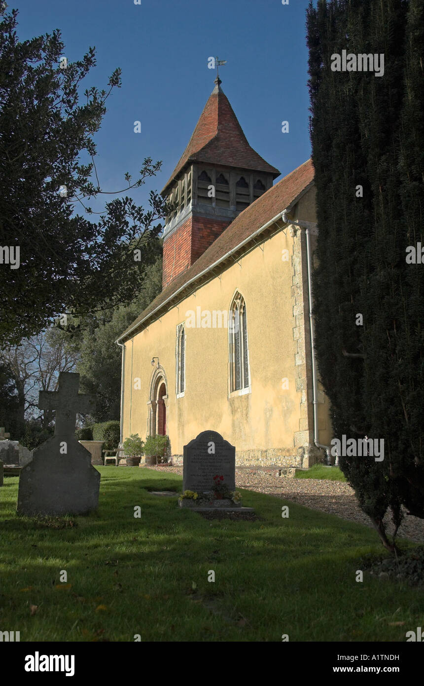 Martyr Worthy church in the Itchen valley near Winchester, Hampshire, England in autumn sunshine. Stock Photo