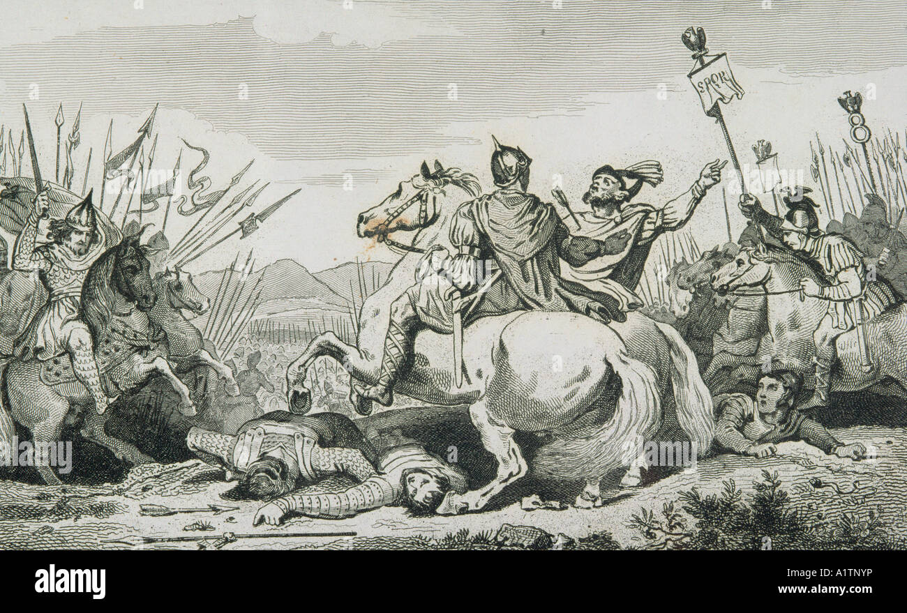 Theodoric I is slain at the  battle of Chalons, 451AD against Attila. From Histoire de France by Colart published circa 1840 Stock Photo