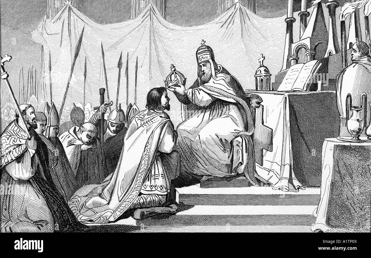 Charlemagne, 742 - 814, crowned by Pope Leo III at St Peter's, Rome, 25th December 800. Stock Photo