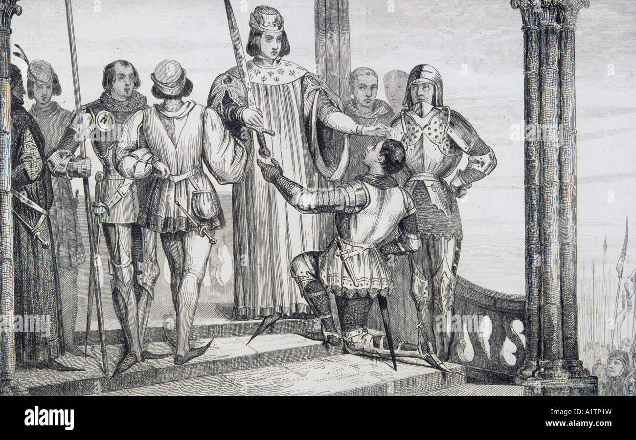 Charles V, the Wise, 1358 - 1380, presents his sword to Bertrand du Guesclin. Stock Photo