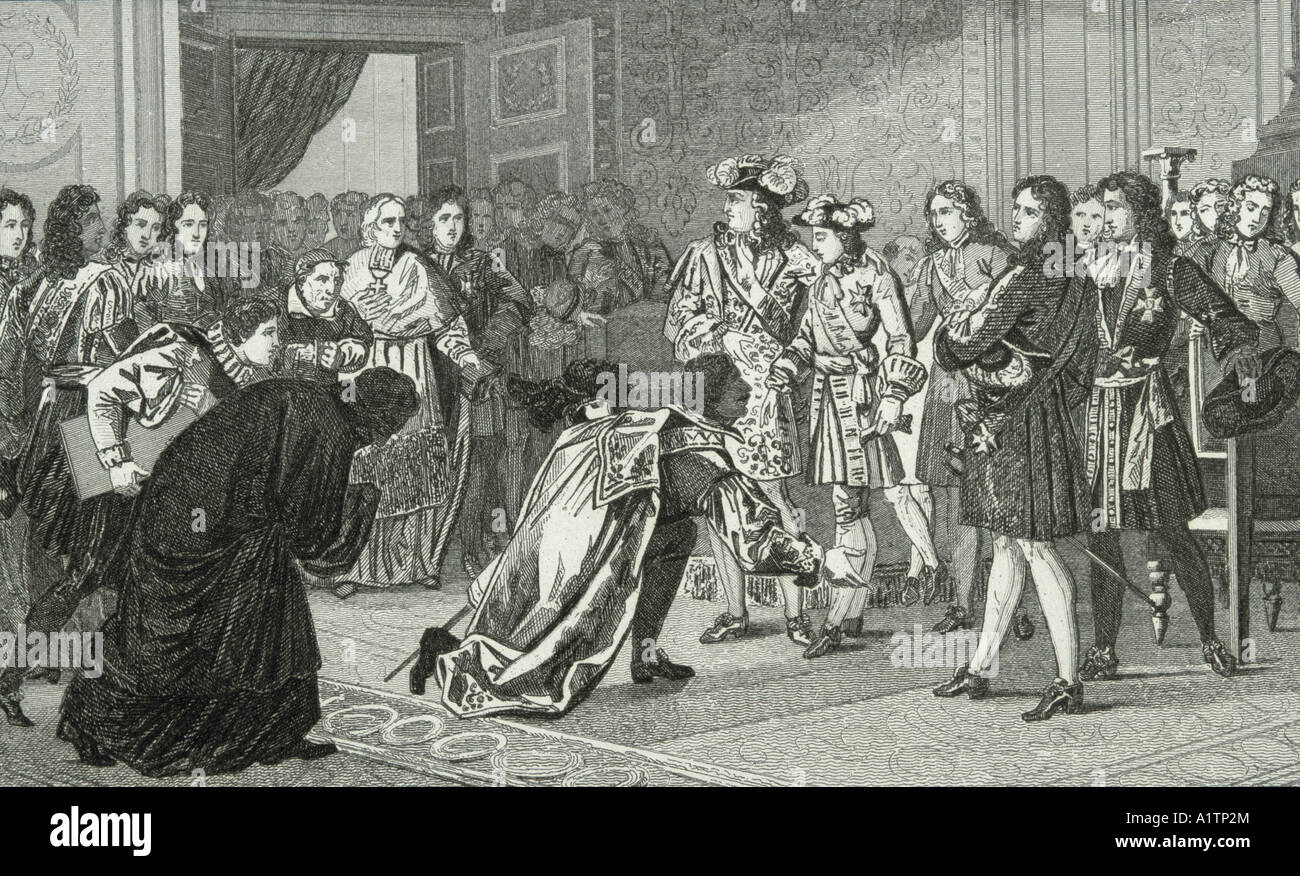 Louis XIV, the Sun King, 1638 -1715, presents his grandson Philippe V to the Spanish envoys. Stock Photo