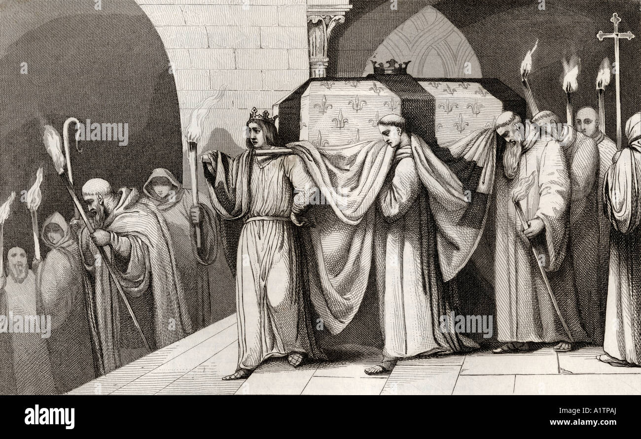 Philip III called The Bold, 1245 - 1285, helps carry his father's coffin. From Histoire de France by Colart, published circa 1840. Stock Photo