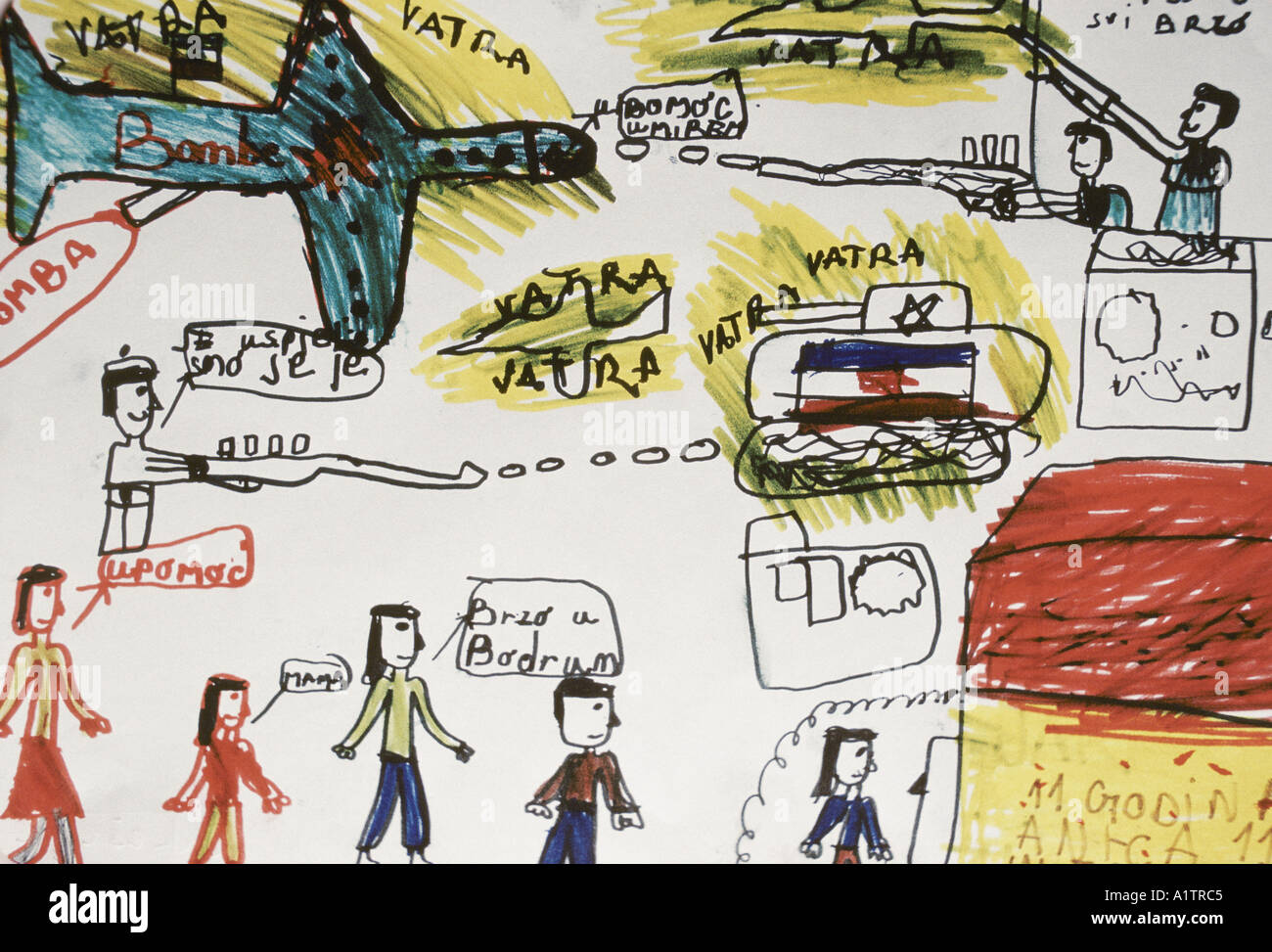 DRAWING OFWAR BY A CROATIAN CHILD FROM VUKOVAR 1992 Stock Photo