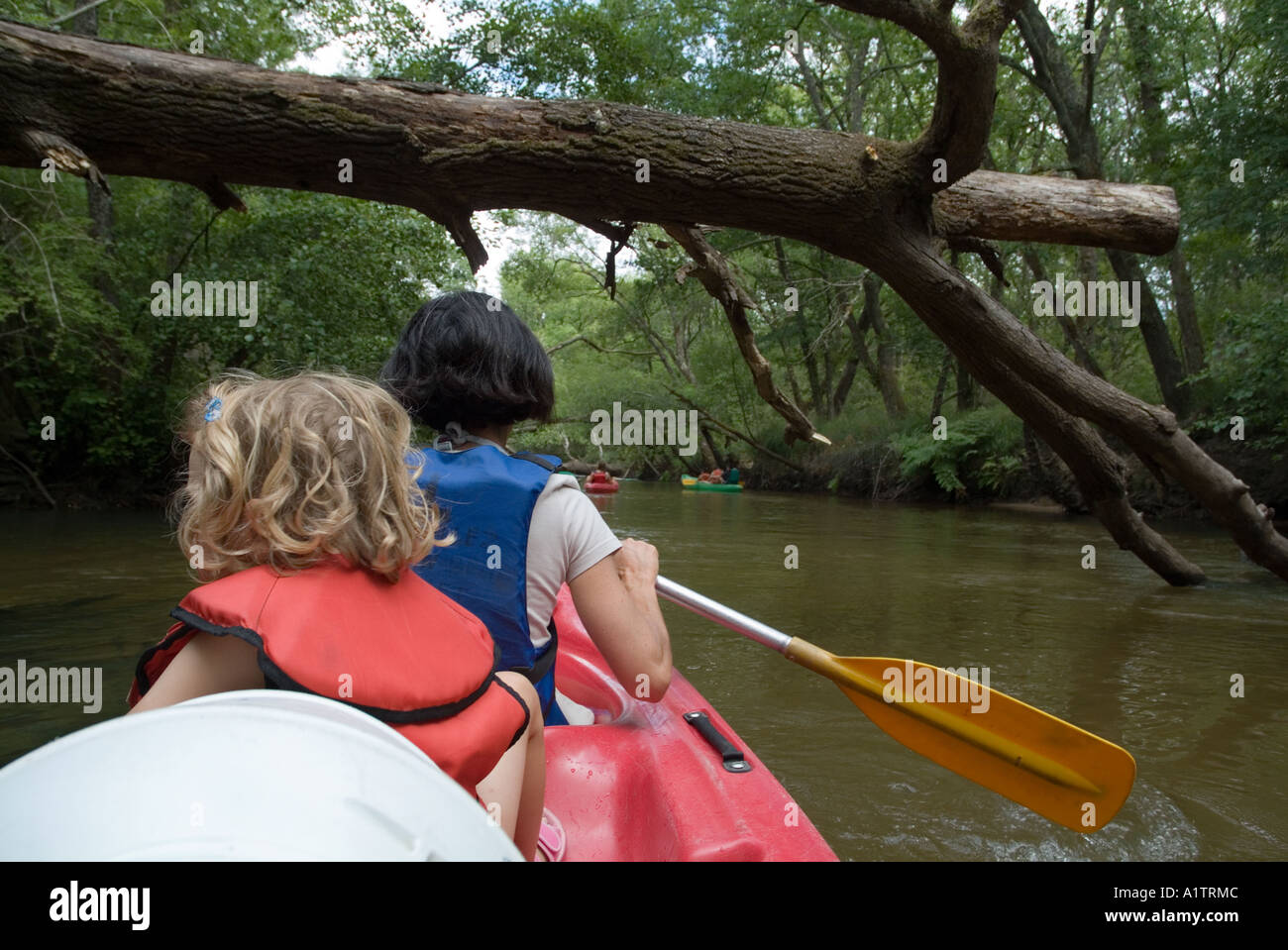 Mother and her daughter canoeing on the Eyre river, Aquitaine, France. Stock Photo
