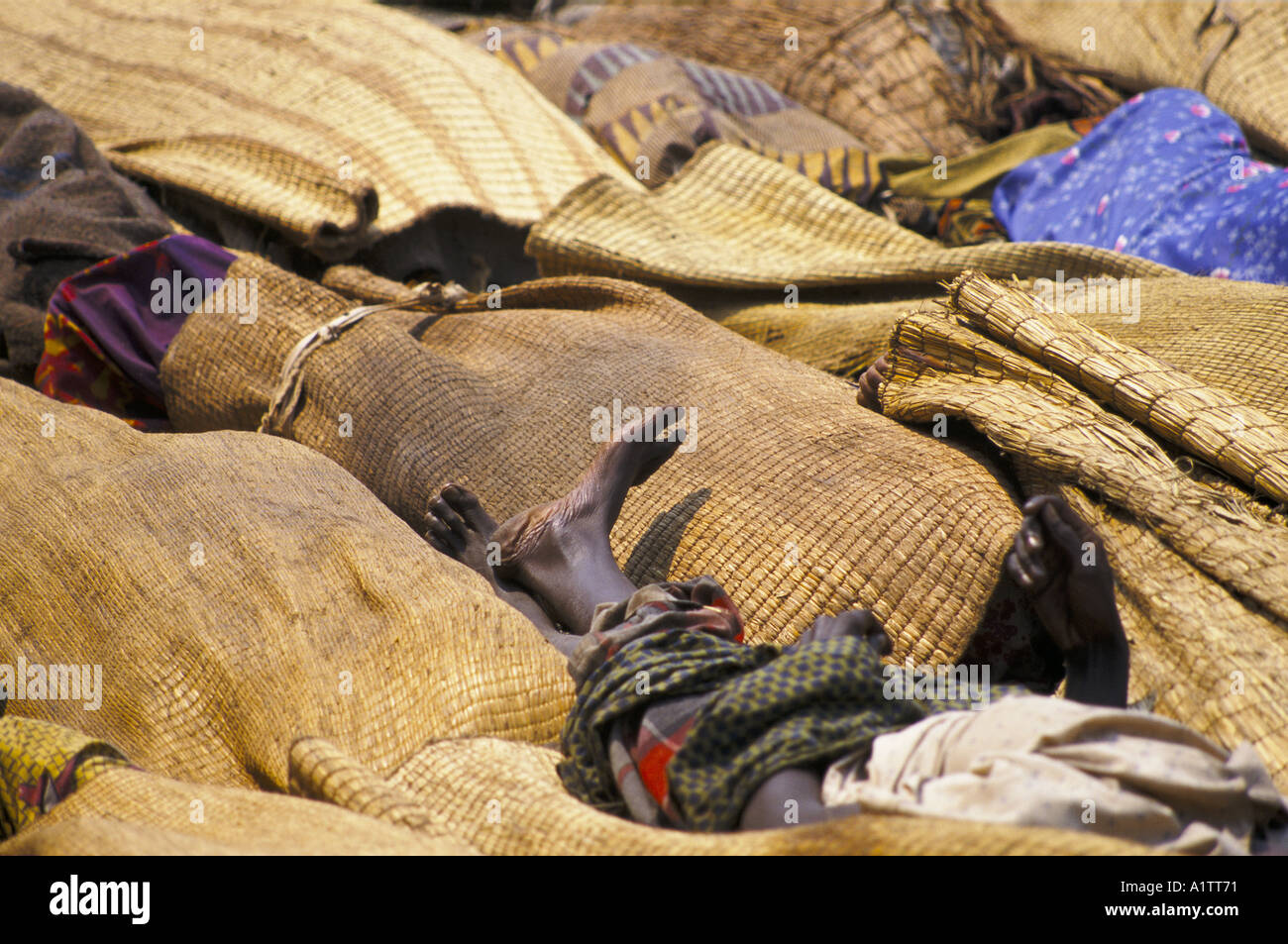 DEAD BODIES wrapped in woven matting, AFTER CHOLERA EPIDEMIC, RWANDAN REFUGEES ZAIRE 1994 Stock Photo