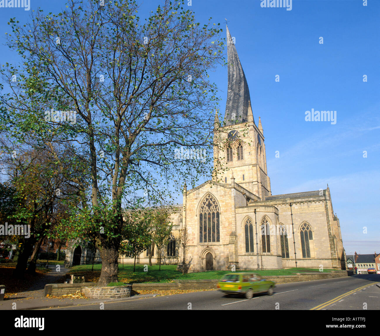 The 'Crooked Spire' church in the Peak District town of Chesterfield in Derbyshire Stock Photo