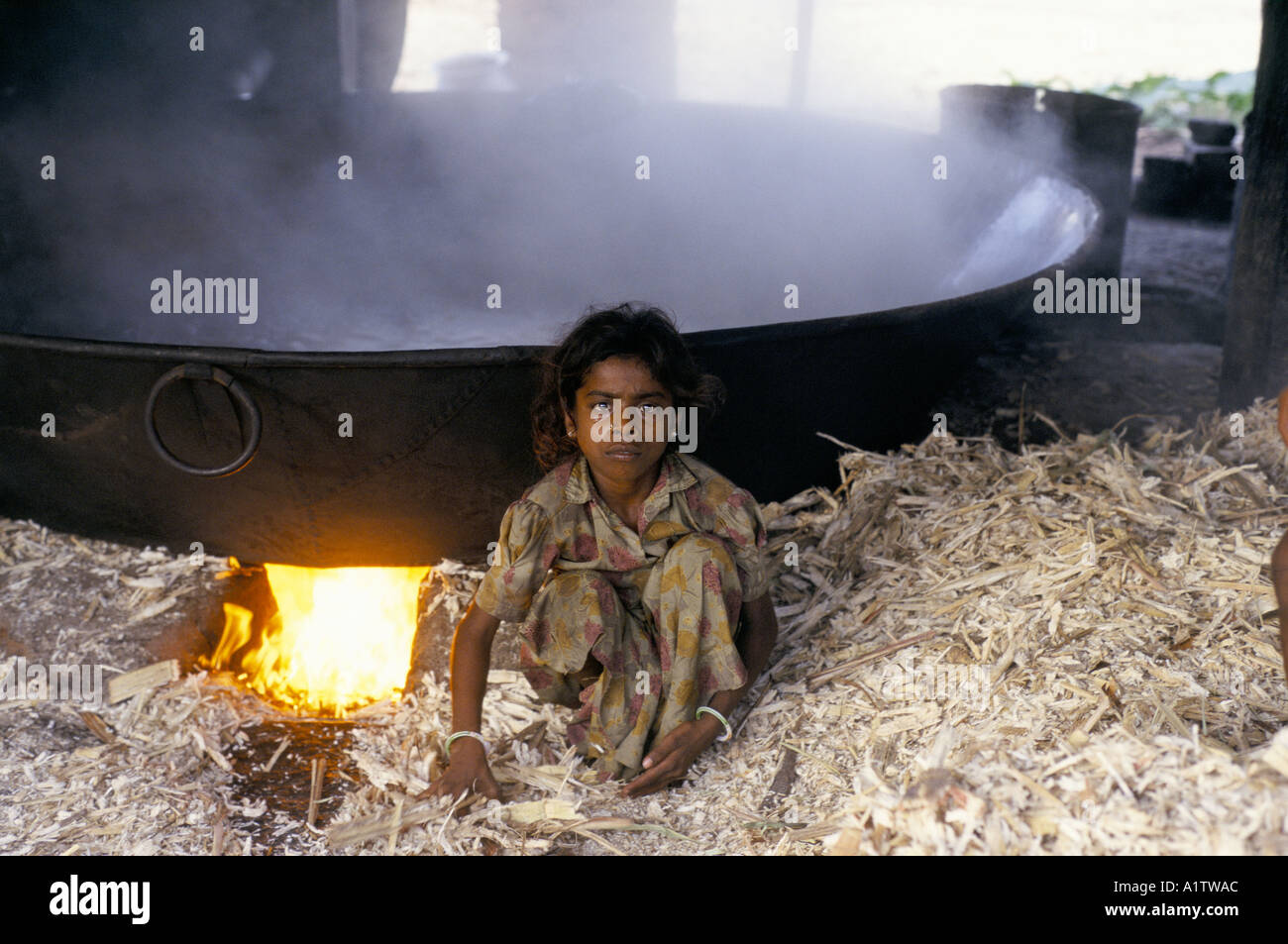 INDIA TAMIL NADU. RAJALAKSHMI AGED 9 LOOKING AFTER SUGAR CANE BOILING IN ENORMOUS VAT 1996 Stock