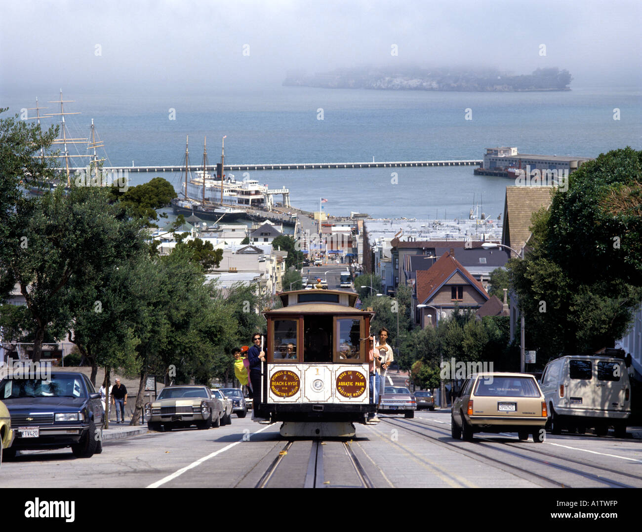 Cable Car travelling from Hyde street pier in San Francisco California usa Stock Photo
