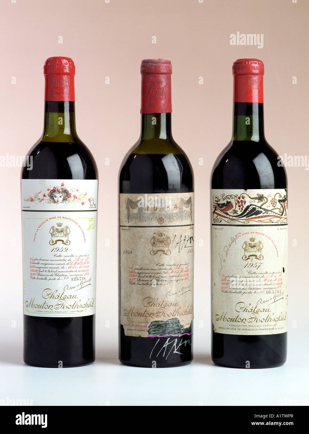 Rare bottles of Chateau Mouton Rothschild wine with labels and bottles painted by some of the great modern artists Stock Photo