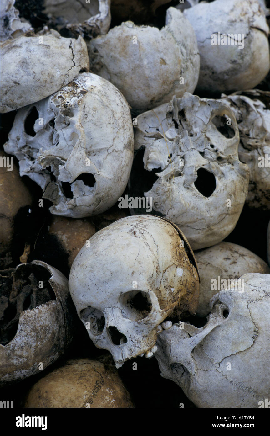 PILE OF HUMAN SKULLS REMAINS OF BISESERO MASSACRE , a small village where all but a few men were killed in the genocide. Stock Photo