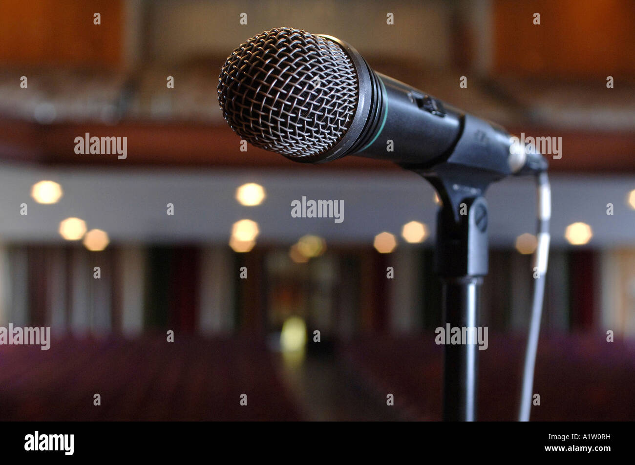 a microphone on a stand in a lecture theatre Stock Photo Alamy