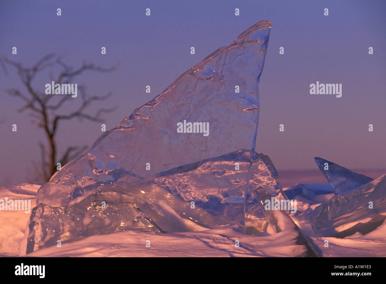 Clear ice wind blasted pressure ridge at sunset on Lake Manitoba near ...