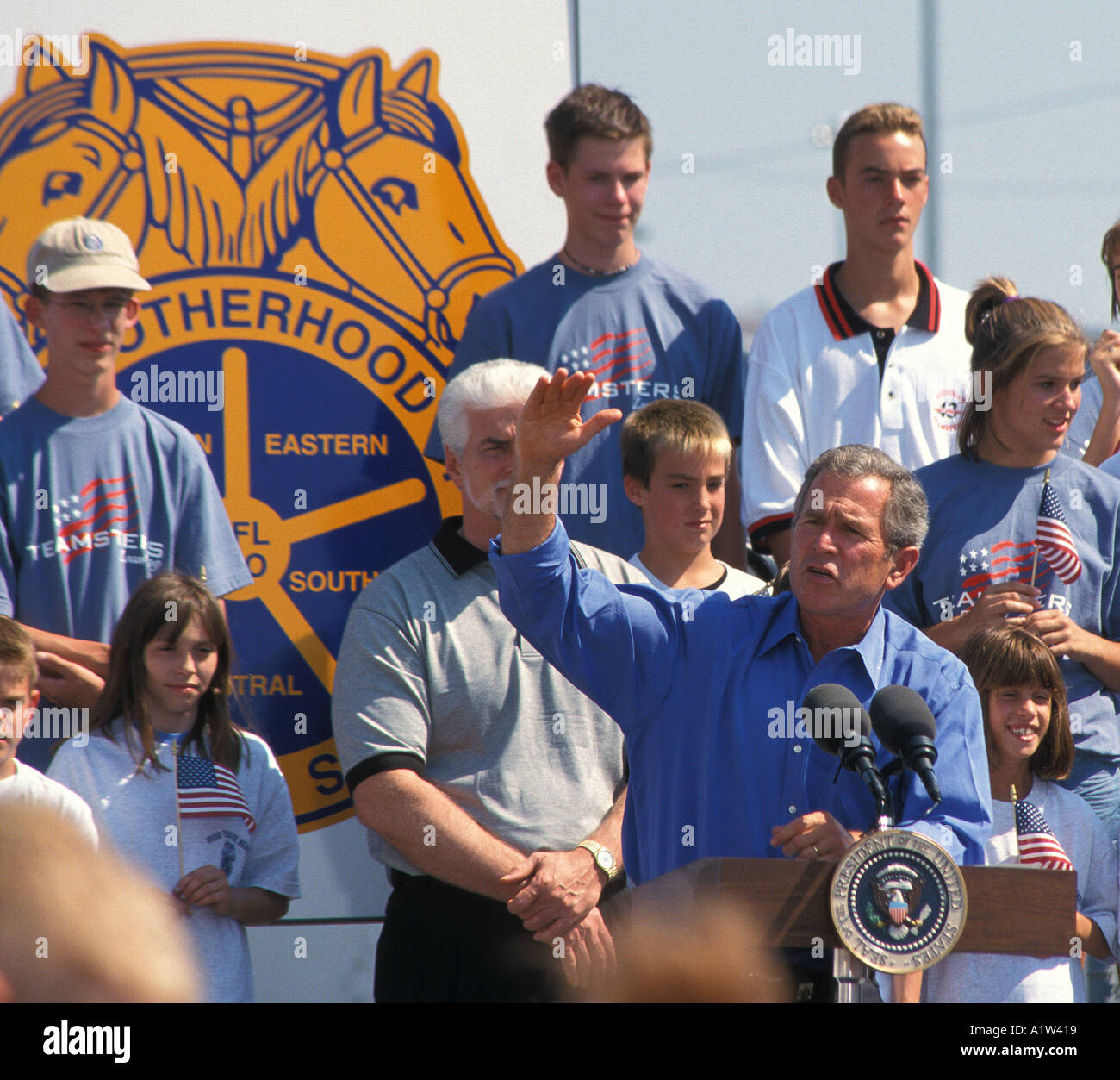 Detroit Michigan President George W Bush speaks at a Teamsters Union picnic in Detroit on Labor Day Stock Photo
