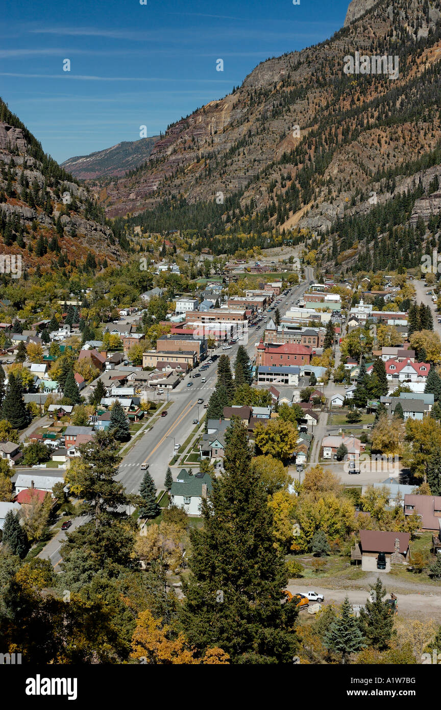 Aerial view of Ouray Colorado USA in autumn showing Main Street US