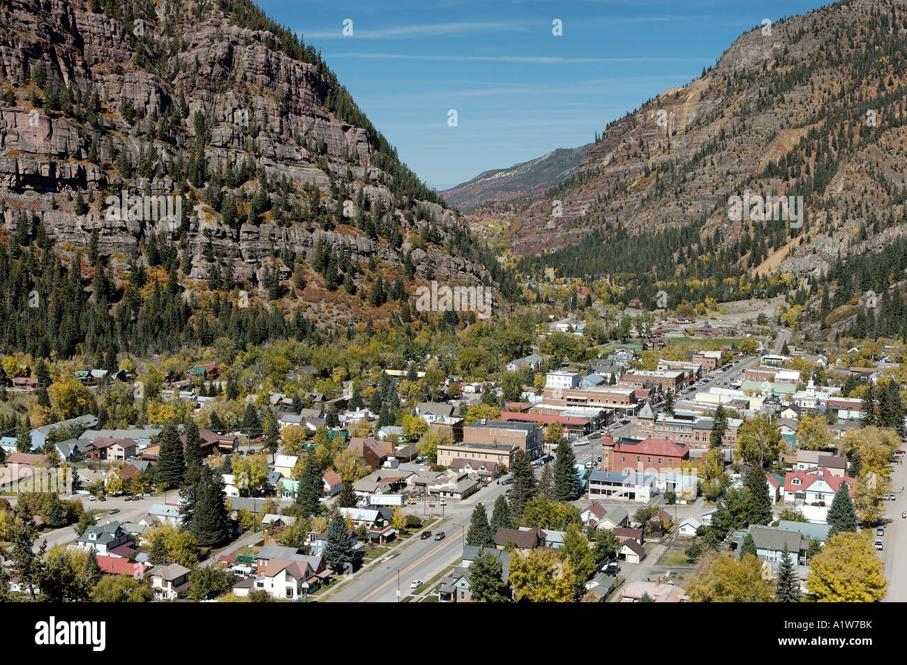Aerial view of Ouray Colorado USA showing Main Street US 550 through