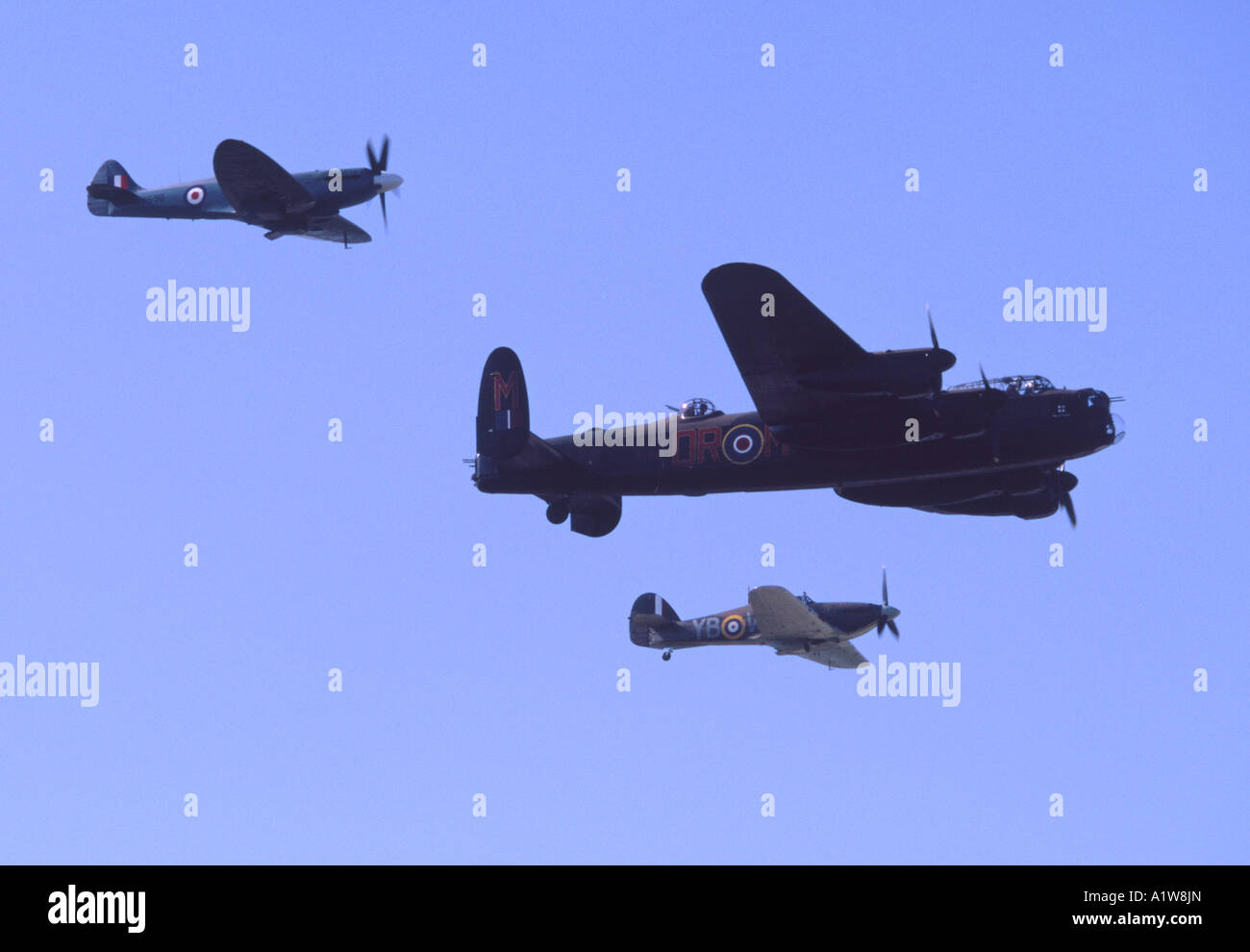RAF Battle of Britain Memorial Flight Spitfire, Hurricane, and Lancaster. Stock Photo