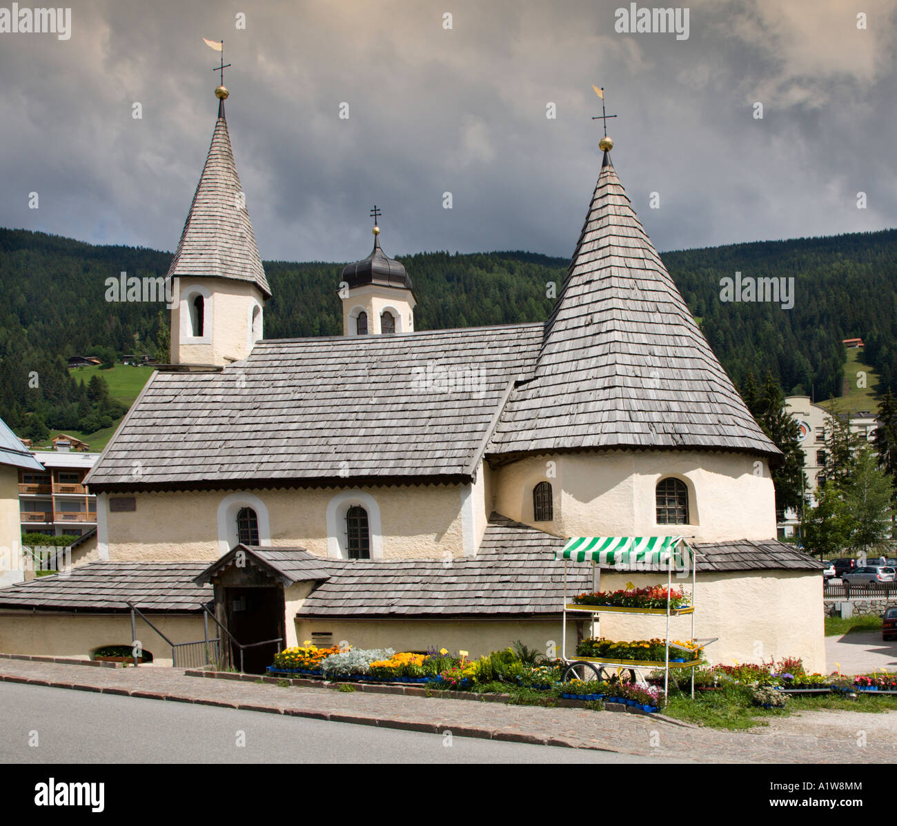 Church at San Candido in the Val Pusteria, Dolomites, Italy Stock Photo