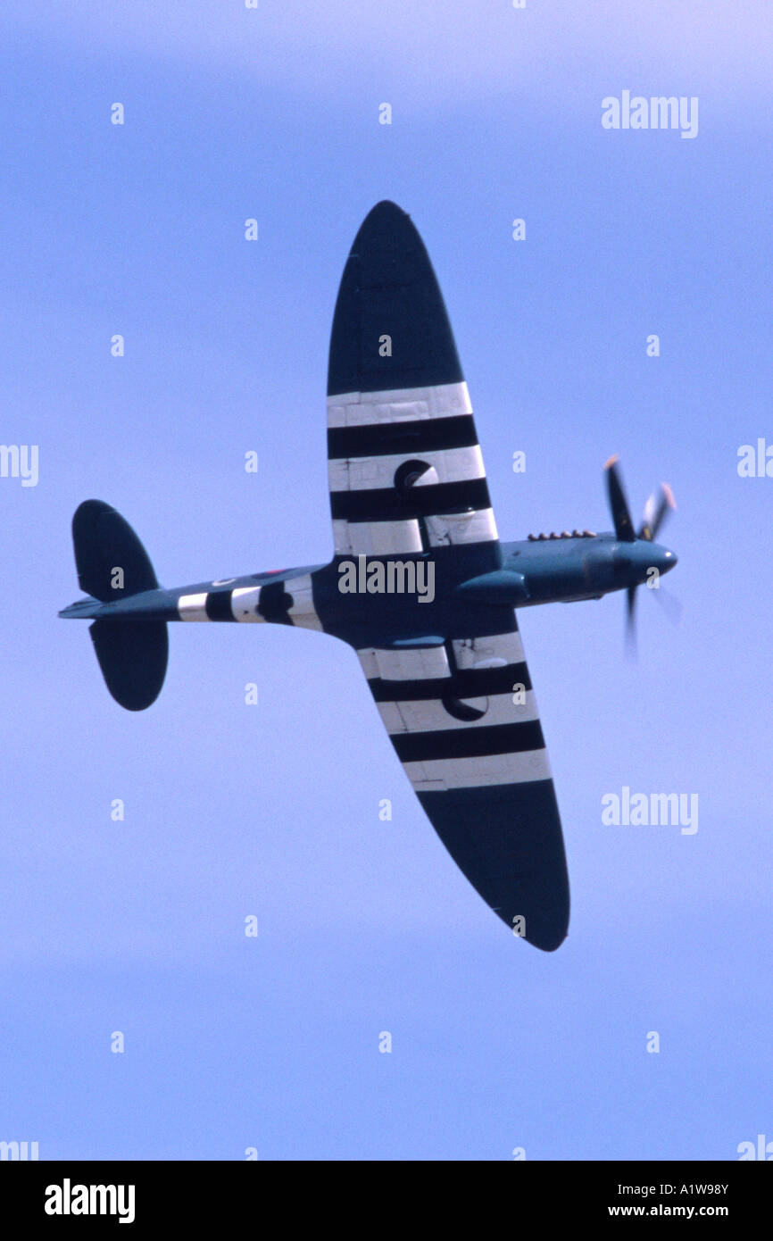 Supermarine Spitfire PR XIX in RAF photo reconnaissance blue and D-Day stripes colour scheme. Stock Photo