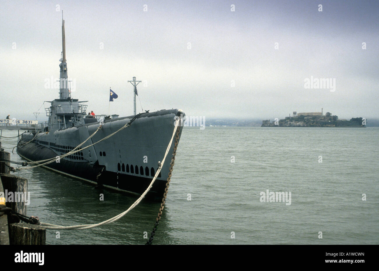 WW2 Submarine USS Pampanito & Alcatraz Island,Both Tourist Attractions In San Francisco  Bay In The USA. Stock Photo