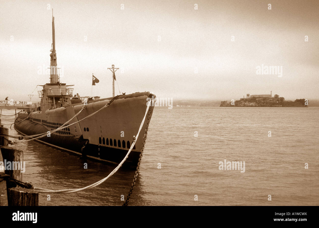 WW2 Submarine USS Pampanito & Alcatraz Island,Both Tourist Attractions In San Francisco  Bay In The USA. Stock Photo