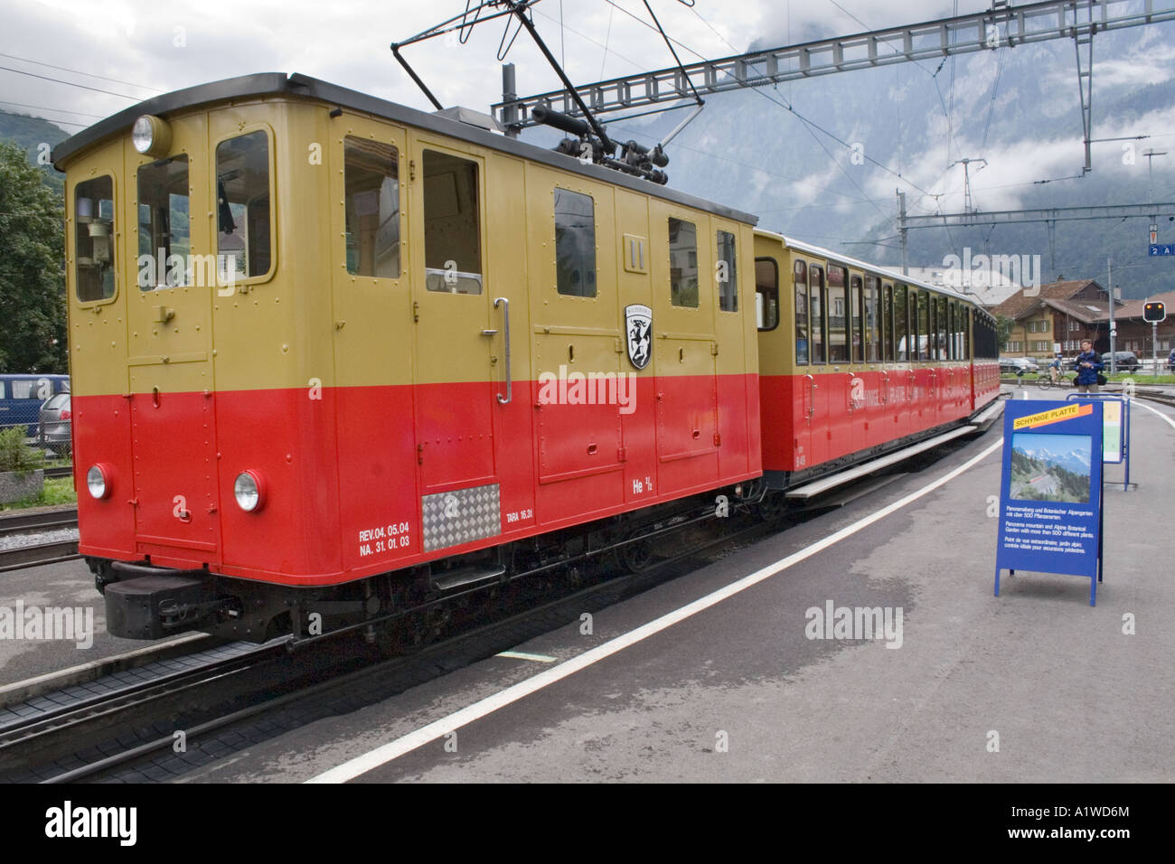 Rack railway train waits before setting off from Wilderswil for