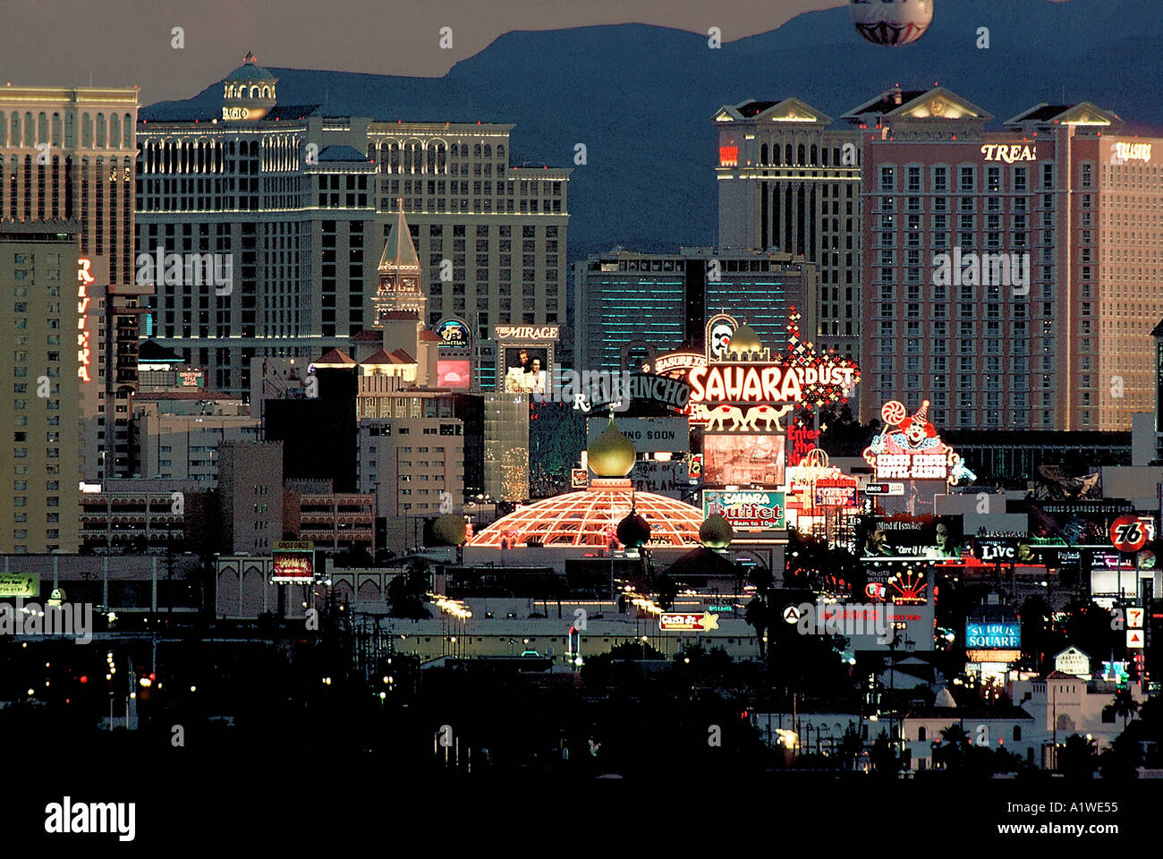 Bellagio Caesars Mirage Treasure Island and the Venetian Hotels and Casinos  all visible in this compressed view of Las Vegas Stock Photo - Alamy