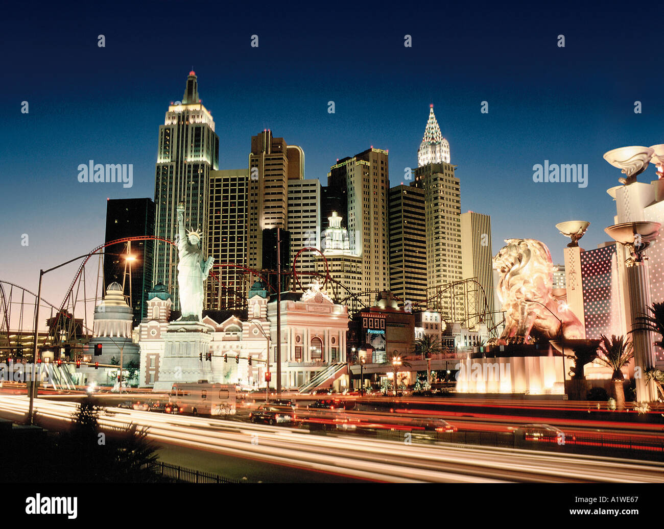 Dusk view of New York New York Hotel and Casino and the MGM Grand bronz