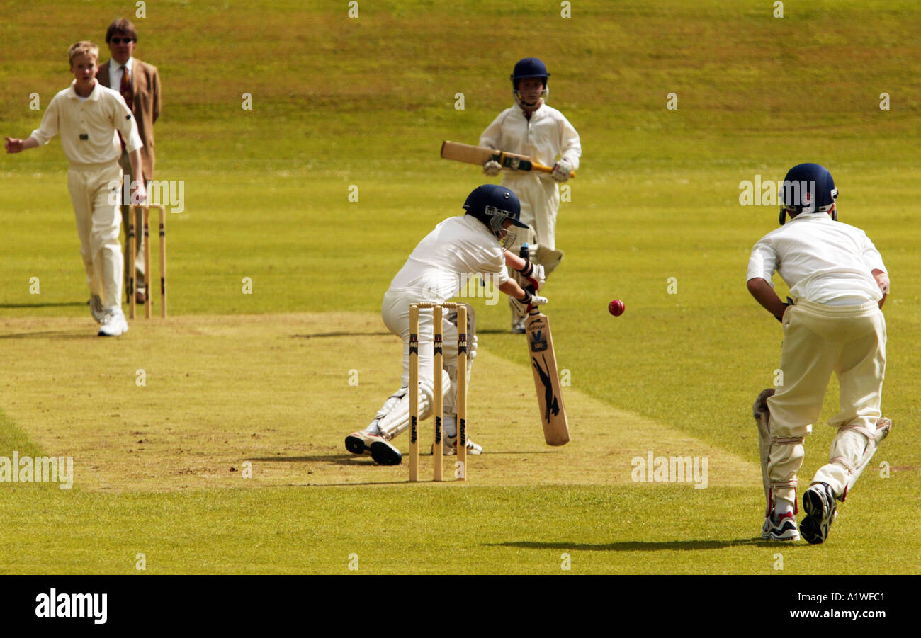 Four young cricket players in action with umpire looking on. Stock Photo