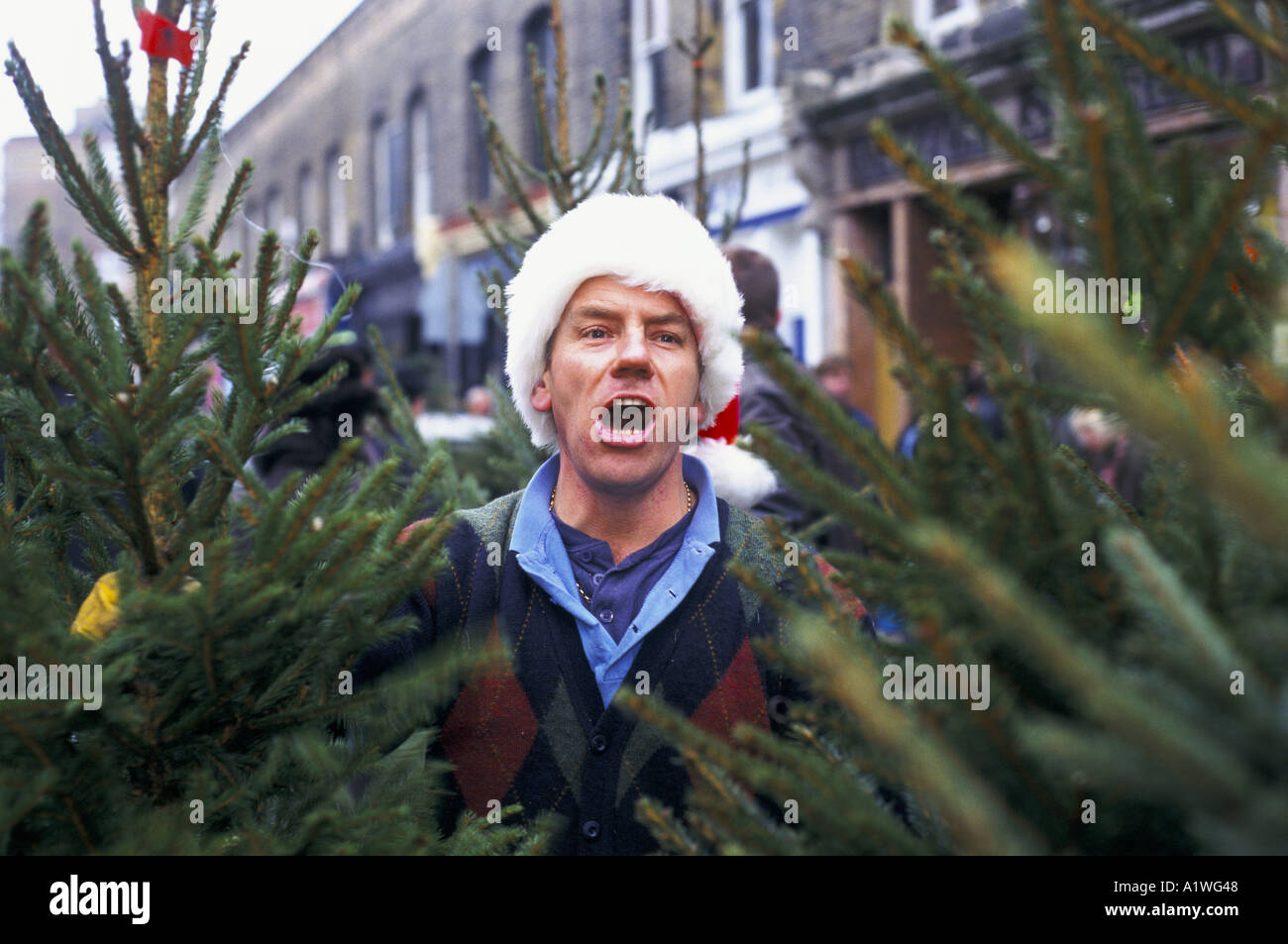 CHRISTMAS TREE SELLER ON COLUMBIA ROAD LONDON Stock Photo Alamy
