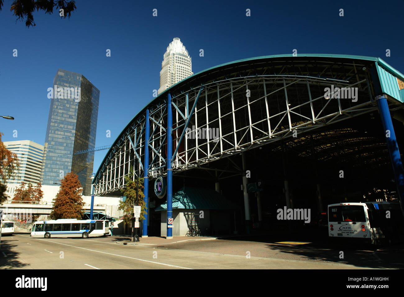 AJD54474, Charlotte, NC, North Carolina, Downtown Skyline, bus terminal Stock Photo
