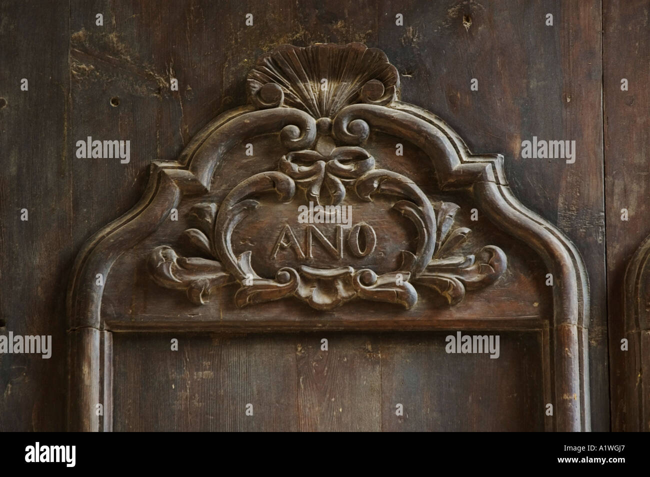WOODEN DOOR OF A ARCHIVAL MUSEUM IN MATARO, BARCELONA PROVINCE, CATALONIA, SPAIN Stock Photo
