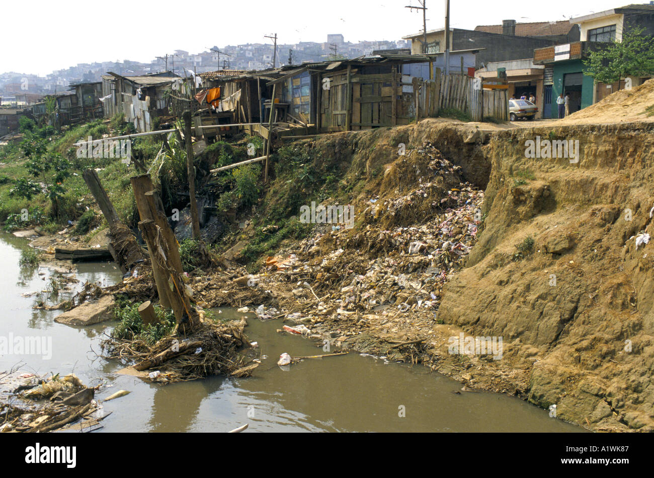 SHANTY TOWN IN SAO PAULO, with shacks on the edge of small dirty